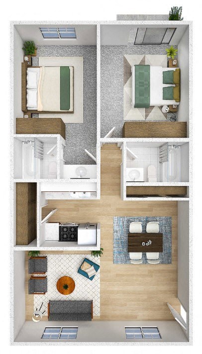 Floor plan for 2 beds, 2 baths, 882 sqft
